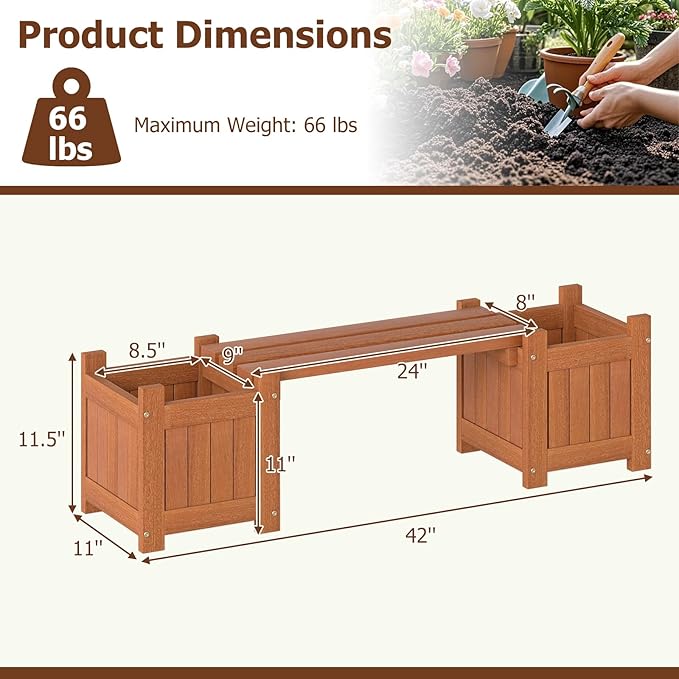 Giantex 2-in-1 Outdoor Bench with 4 Planter Boxes, Wood with Teak Oil Finish, Raised Garden Beds with Open-Ended Base, Garden Bench Seat for Porch Balcony Lawn Yard, DIY Assembly, 42"x11"x11.5"