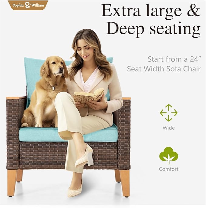 Sophia & William Patio Furniture Set with Fire Pit Table, 8 Piece Outdoor Wicker Conversation Set, Large Rattan Sectional Sofa with Ottoman & 45" Fire Pit Table(Aqua Blue)