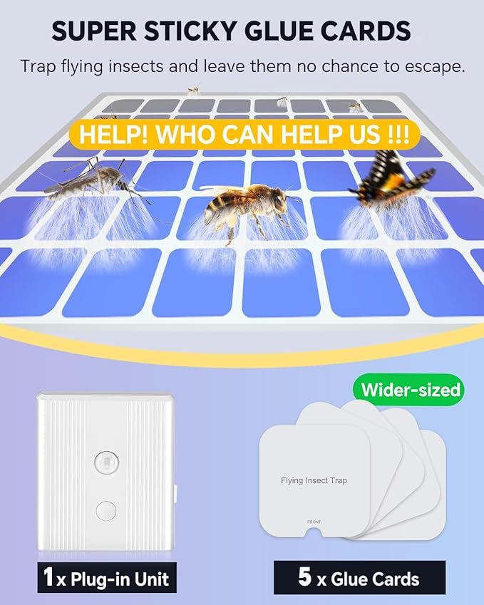 Fly Trap Indoor- 2 in 1 Plug in Fly Trap with Auto Night Light, Fruit Fly Traps for Indoors, Gnat Trap, Bug Light Trap for Mosquitoes, Flies, Fruit Flies, Moths (1 Device + 5 Glue Cards)