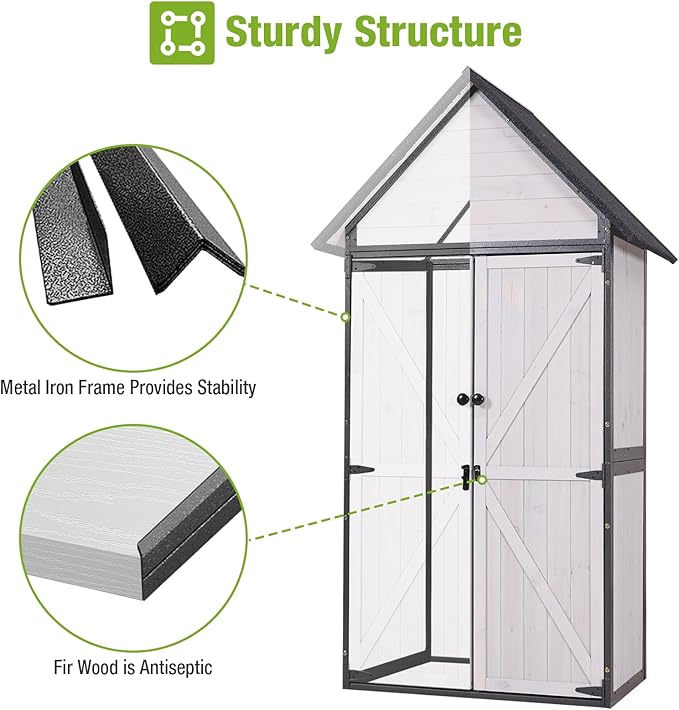 GUTINNEEN Outdoor Storage Shed with All Around Strong Metal Frame, Garden Tool Sheds Cabinet with Floor & Adjustable Shelves, Wooden Tool House for Backyard Garden Patio Lawn (White)