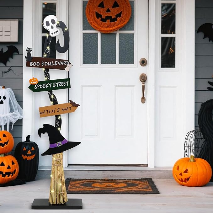 Halloween Decorations |Lighted Witch's Broom Halloween Wooden Porch Sign | Spooky Light Up Witch Decorations Sign for Indoor Outdoor Yard Decor