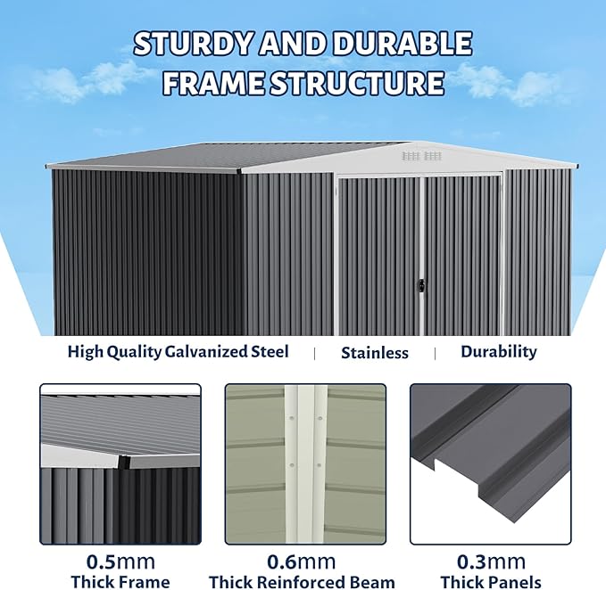 9x12 Shed for Outdoor Storage, Galvanized Steel Metal Tool Sheds House with Lockable Doors, Lock & Air Vent, Large Utility Sheds for Patio Garden Lawn (9x12.6, Grey)