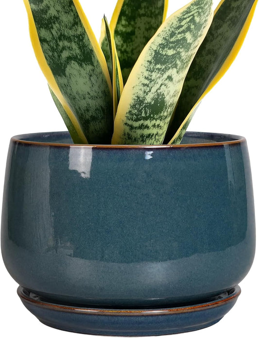 G EPGardening Ceramic Pot for Plants - Modern 7 Inch Round Planter with Drainage and Tray Indoor Outdoor for Flower, Porch Decor, Gardening Gifts, Retro Blue