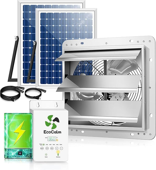 10" Solar Exhaust Fan for Greenhouse with Battery and Adjustable Thermostat, Attic Fans for Garage and Shed with 2PCS 15W Bifacial Solar Panels