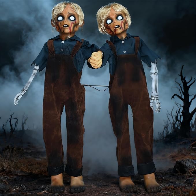 HOYECHI Animatronic Halloween Decorations Twin Boys 4.3ft – Scary Halloween Decorations for Yard, Motion & Sound Activated Outdoor Decor, Footstep & Touch Trigger