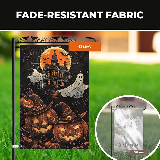 Halloween Garden Flag 12x18 Double Sided – Haunted House with Ghosts & Pumpkin, Halloween Yard Flag for Outside, Durable Fall Outdoor Flag, Weatherproof