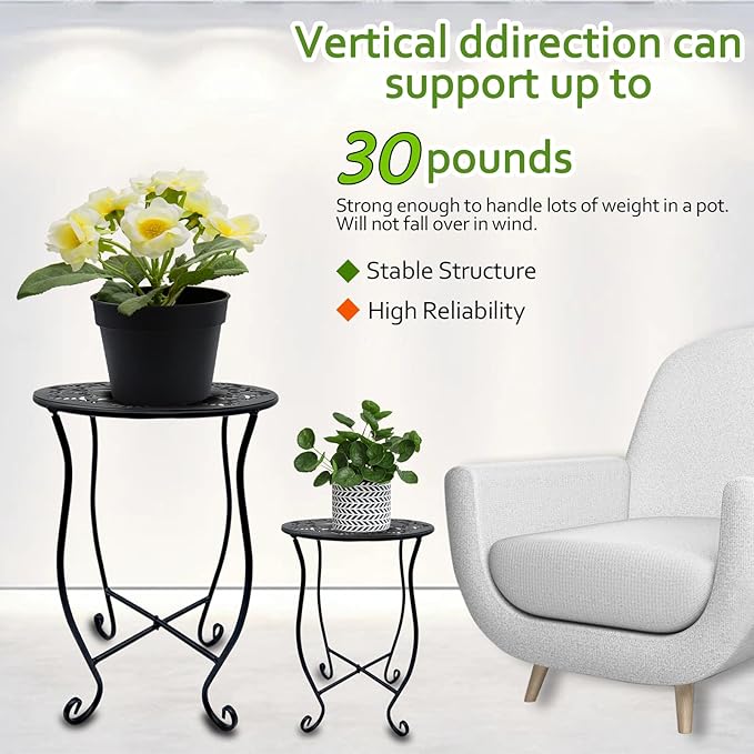2pcs Plant Stand for Flower Pot Rack,Round Black Metal Plant Stand Indoor, Decorative Black Flower Pot Stand Plant Table, Rustproof Potted Holder Outdoor Plant Stands for Home Garden(1 large