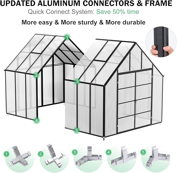 JULY'S SONG 10x12 FT Greenhouse for Outdoor, Large Easy Assembly Heavy Duty Polycarbonate Panels Aluminum Frame Walk-in Green House with 2 Windows Wider Door for Garden Plants Outside