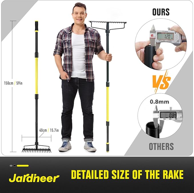 Jardineer Bow Rake Heavy Duty, Long Handle Metal Rakes for Gravel, Rocks, Lawns Leaves, Soil Leveling, Landscaping, Garden Rake with 18 Steel Tines (59 Inches)