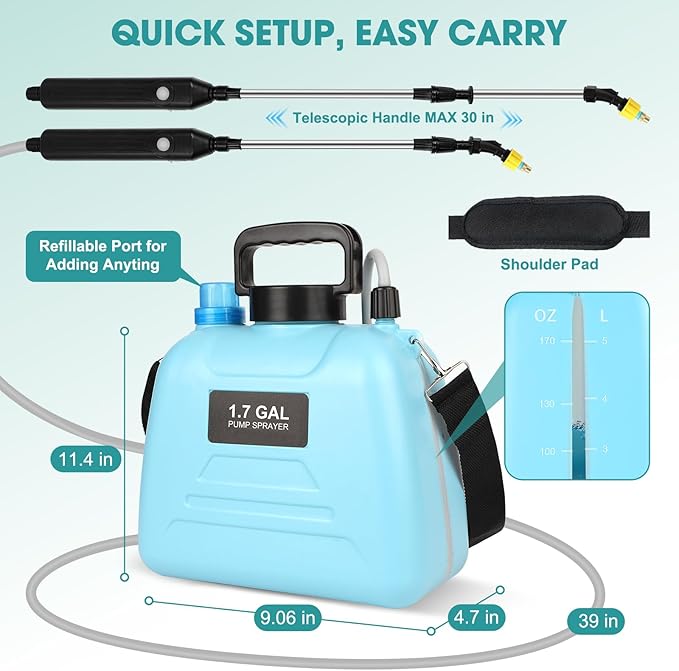 Electric Garden Sprayer 1.72 Gallon - Rechg Battery Powered Backpack Sprayer with 4 Mister Nozzles, Retractable Wand, Shoulder Strap - Weed Sprayer for Spring Time Planting, Sprayers in Lawn & Garden