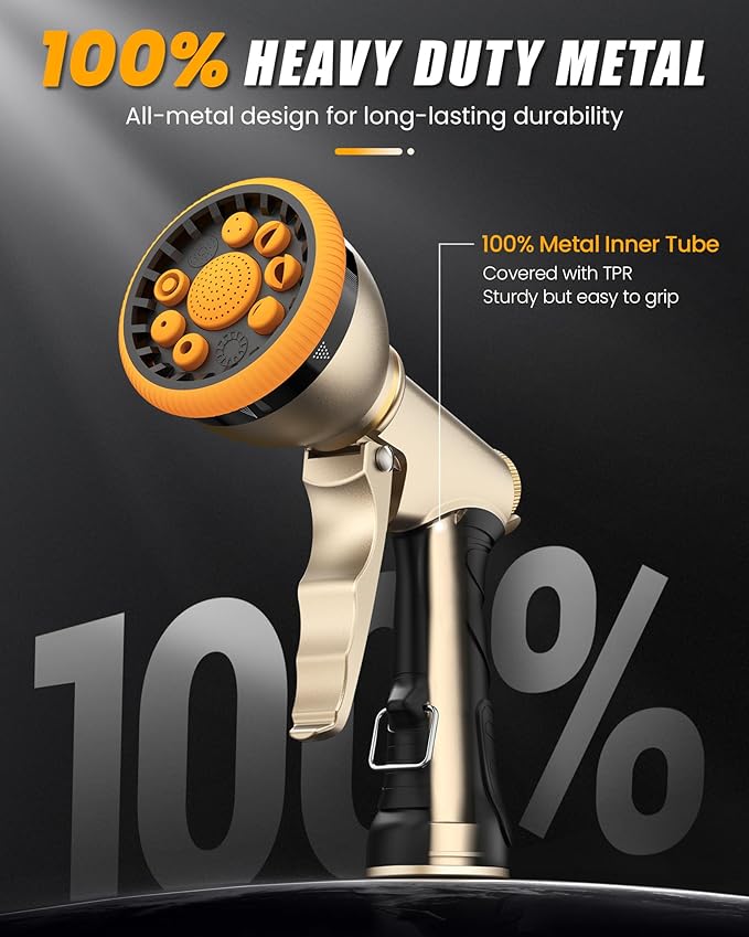 RAINPOINT Garden Hose Nozzle, Heavy Duty Metal Water Hose Sprayer Nozzle with 9 Adjustable Spray Patterns, High Pressure Hand Sprayer for Watering Plants & Lawns (Orange)