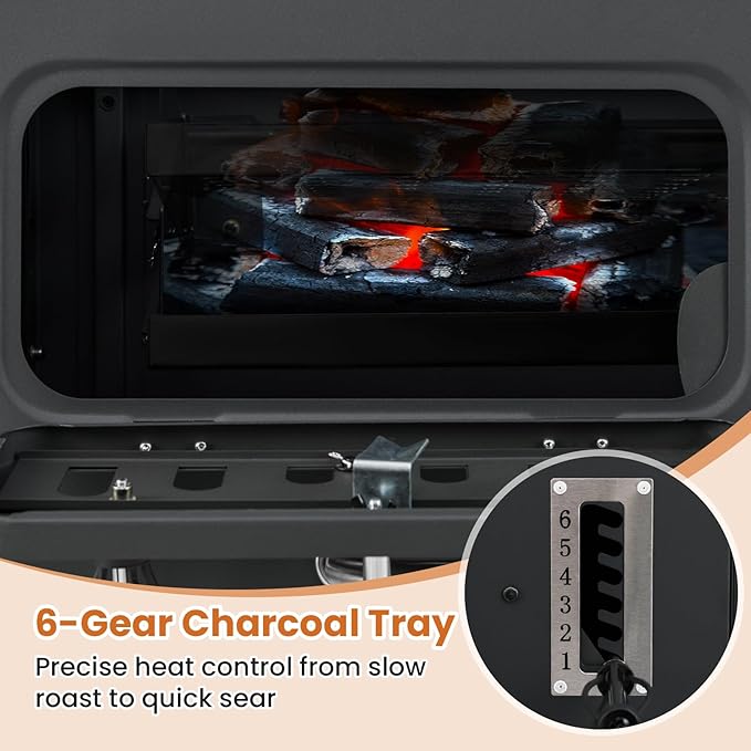 Happygrill Barrel Charcoal Grill with 2 Folding Side Tables, 24-Inch Outdoor Barbecue Grill w/544 sq.in Cooking Area, 6-Gear Charcoal Tray & Storage Shelf, Portable Griddle w/Wheels for Camping Picnic