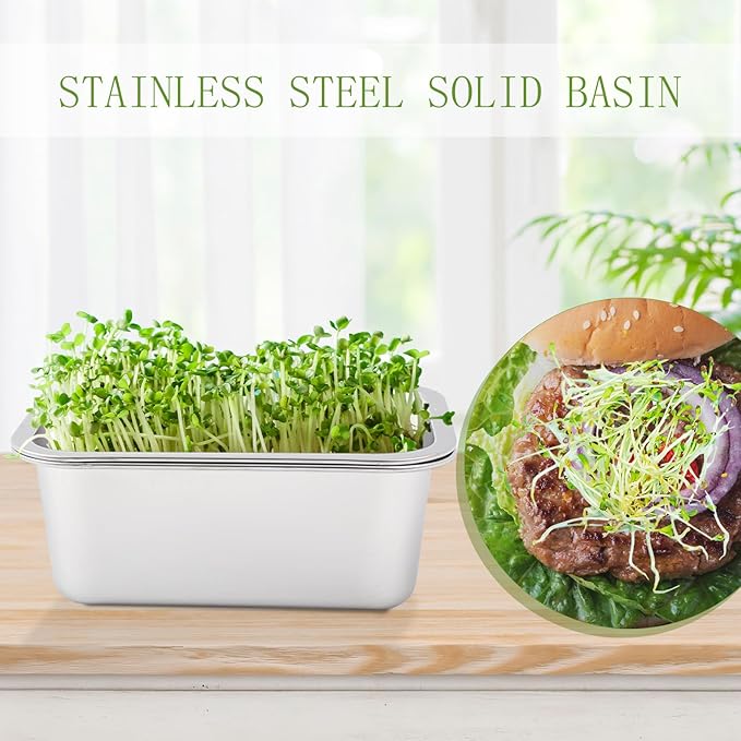 Vesici 4 Pack Sprouting Tray Kit, Stainless Steel Soil Free Cultivation Germination Tray, Wheatgrass Growing Container, Seed Sprouting Container Kit for Indoors Plant Seed Beans Broccoli Arugula