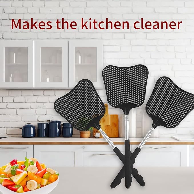 Fly Swatters 3 Pack Black, Durable Telescopic Stainless Steel Handle, Heavy Duty Upgraded Plastic Fly Swatter Set for Indoor Outdoor Home Hiking Camping Garden