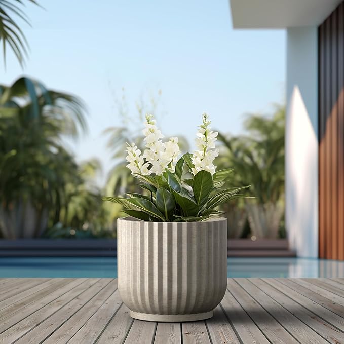 Kante Round Fulted Planter, 16.7 Inch Dia Large Concrete Plant Pots with Drainage Hole and Rubber Plug, Modern Decor for Indoor Outdoor Plants, Flower, Weathered Concrete