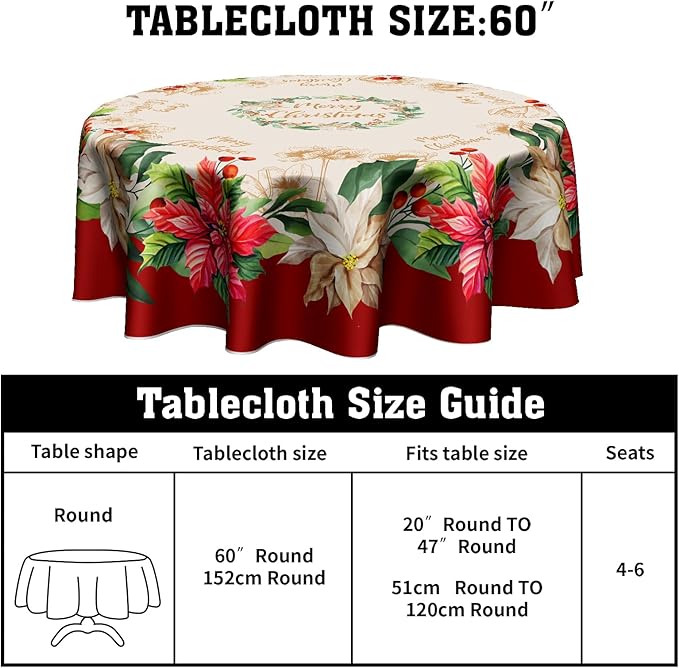 Giwawa Blooming Poinsettia's Merry Christmas Fabric Tablecloth, Christmas Cottage Floral Bordered Print Easy Care, Stain Release Tablecloth, 60 Inch Round