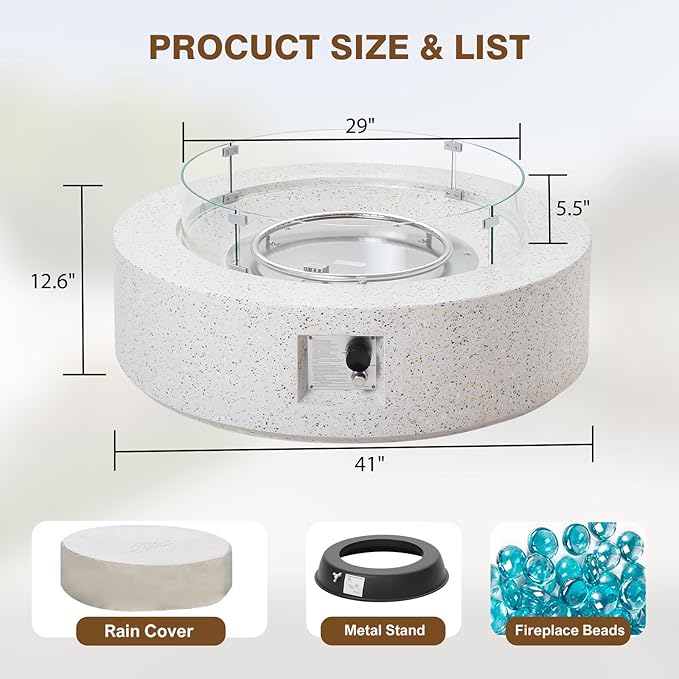 2-Piece Outdoor Propane Fire Pit Table Set – Premium Terrazzo-Like MgO Finish, Round Gas Fire Table with Glass Wind Guard for Patio, Garden & Backyard, Includes Rain Cover & Glass Beads