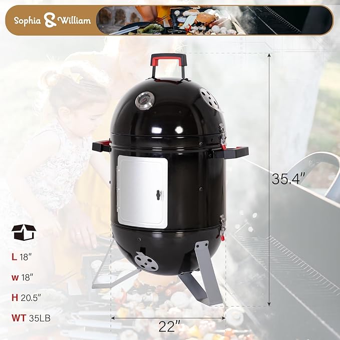 Sophia & William 18-Inch Vertical Charcoal Smokers BBQ Grills with Porcelain-Enameled Smoking Chamber & 2-Layer Smoking Shelves, Outdoor Smokers & Tabletop Grill Combo for Barbecue Camping(Black)