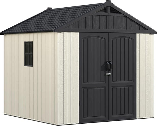 Greesum 8×8 FT Plastic Outdoor Storage Shed with Floor, Resin Sheds with Window and Lockable Door, Weather Resistant Organization for Garden, Lawn, Pool Supplies, Beige