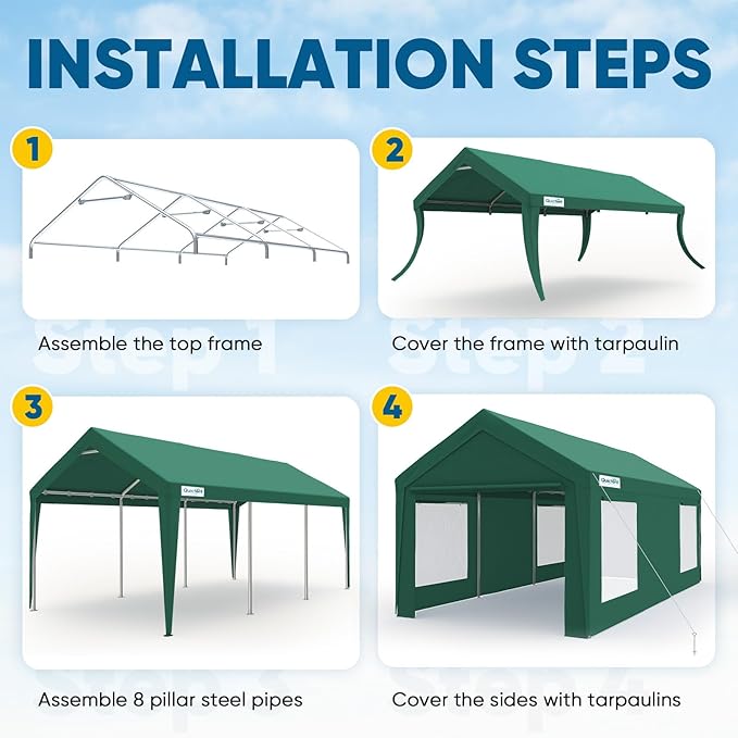 Quictent 10x20 ft Heavy Duty Carport Galvanized Car Canopy Tent Outdoor Garage Boat Shelter with Reinforced Structure with Roll-up Ventilated Windows Sidewall - Green