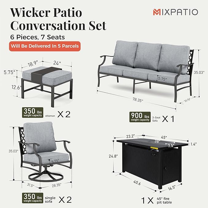 Patio Furniture Set, 6 Pcs Metal Outdoor Conversation Set, 2 Swivel Chairs, 2 Ottomans and 3 Seater Sofa with 5.75" Extra Thick Cushion and Gas Fire Pit Table, Grey