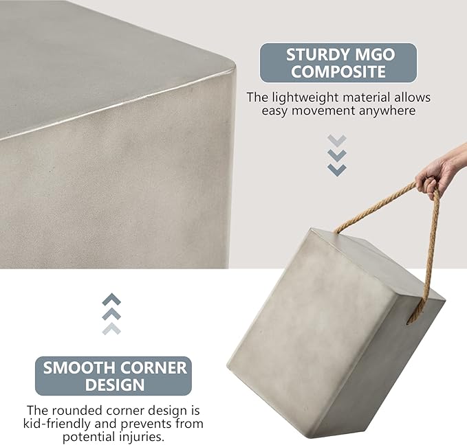 COSIEST Concrete Side Table, Rectangular Outdoor Side Table w Hemp Rope Handles,15''Patio Side Tables End Table, Outdoor Accent Coffe Table for Garden and Patio, Grey