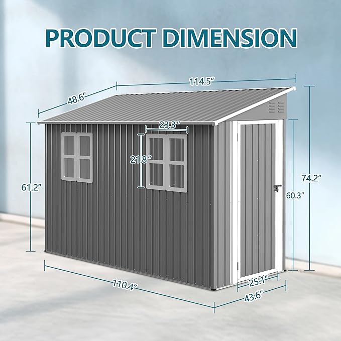 Lean Outdoor Storage Shed with 2 Adjustable Windows, 4x10 FT Heavy-Duty Outdoor Shed w/Reinforced Floor Fram and Lockable Door, Garden Tool Storage Cabinet for Backyard Garden Patio Lawn, Gray