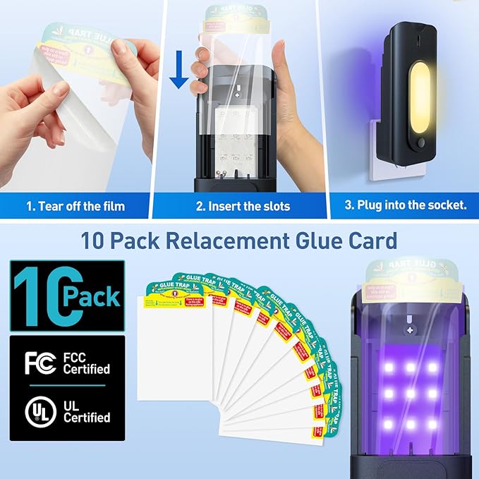 Fruit Fly Trap for Indoors with 10 Refills, 2 in 1 Fly Trap Indoor with Night Light for Home, Gnat Traps for House Indoor, Plug-in Insect Trap for Gnats, Flies, Moths, and Other Bugs-Black