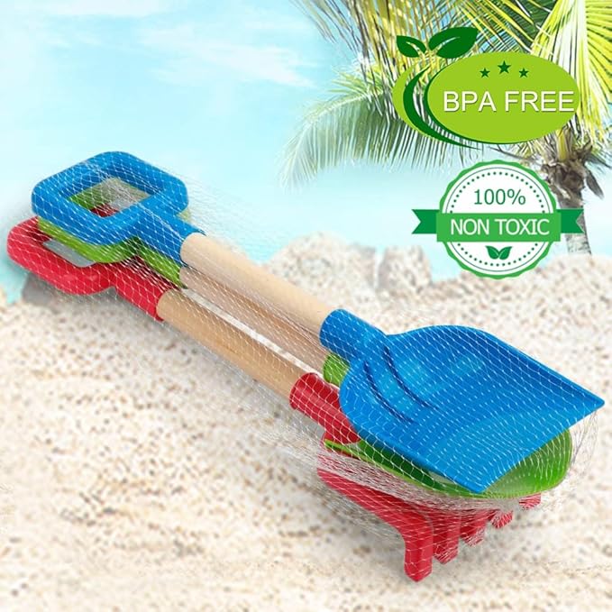 Dilabnba 16'' Kids Beach Shovels Sand Spades Toys Garden Tools, Wood Handle ABS Plastic Spade Rake Scoop for Digging Sandbox Gardening Snow Backyard Summer Outdoor Toy 3-Pack, Blue/Green/Red