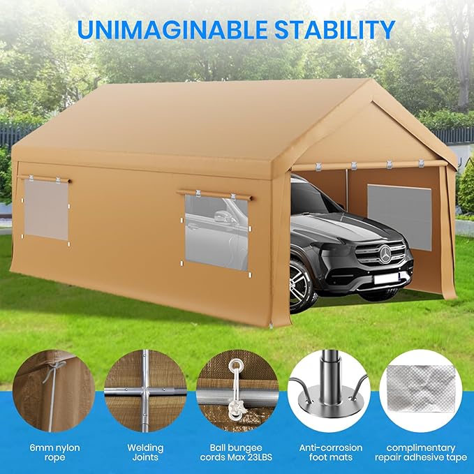 Carport 12x20 FT Heavy Duty, Outdoor Portable Garage with Removable Sidewalls & Doors, Waterproof, UV-Resistant Canopy Shelter for Vehicles, Boats, RVs, Trucks, All-Season Car Port,Yellow