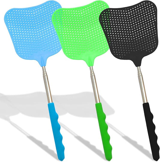 3 Pack Fly Swatters Set - Plastic Fly Swatters Heavy Duty - Fly Swatters with Stainless Steel Handle for Indoor and Outdoor - Blue + Green + Black