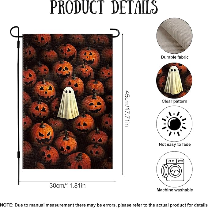 Halloween Garden Flag 12 x 18 Inch Double Sided Ghost Pumpkin Designs Fall Autumn Burlap Yard Flag for Outside Rustic Yard Outdoor Holiday Home Decoration
