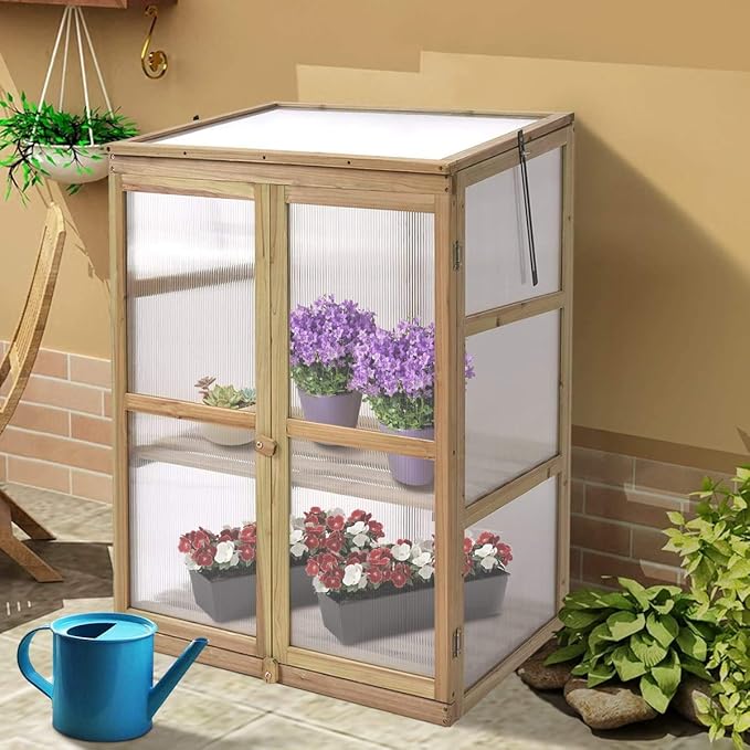 Happygrill Portable Wood Mini Greenhouse w/Transparent Openable Roof, Double Doors & 3 Tier Shelves, 30" L x 22.5" W x 43" H