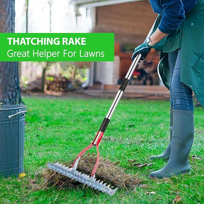 Thatch Rake, 15-inch Lawn Dethatcher Rake, Efficient Steel Metal Rake with Stainless Steel Handle, Heavy Duty Soil Rake, Grass Grooming Rake for Cleaning Dead Grass
