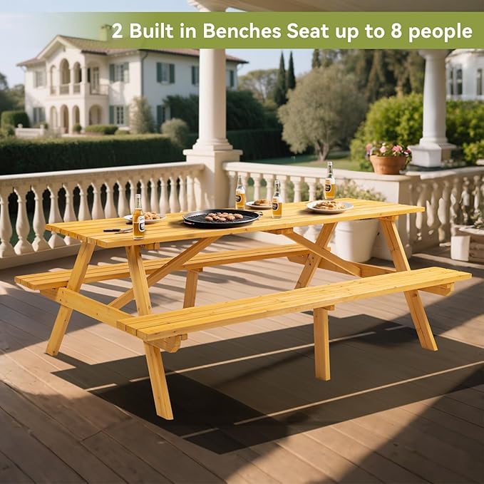 8-Person Wooden Picnic Table with 2 Built-In Benches, 75"L x 50"W Outdoor Dining Table, 2220lb Capacity Includes Umbrella Hole & Weather-Resistant Finish, Perfect for Backyard, Camping, Yellow