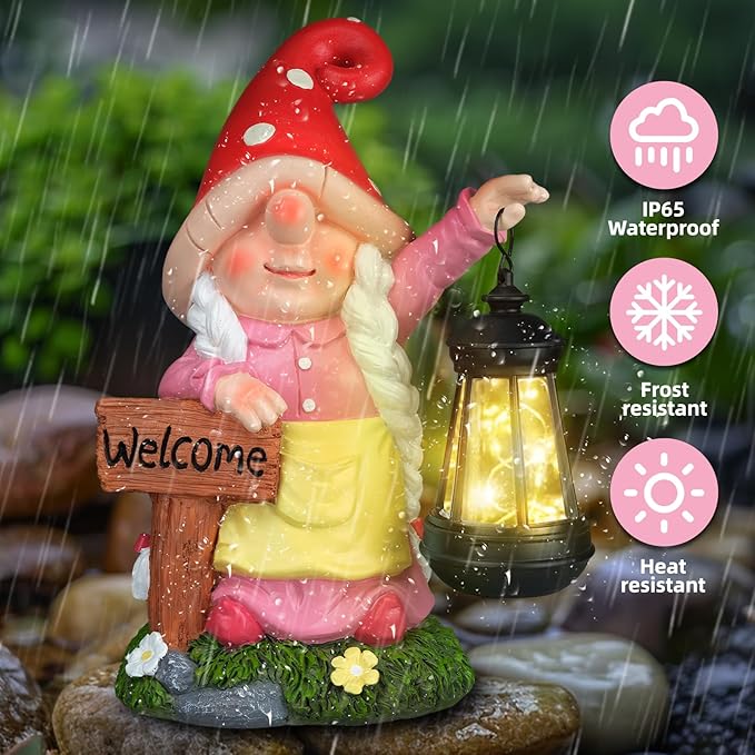 Solar Garden Gnome Statue Holding LED Lantern with Welcome Sign Outdoor Ornaments Waterproof Christmas Decoration for Outside Patio Yard Lawn Decor (Pink)