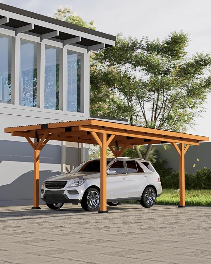 18.3 x 12.6 x 7.8 FT Carport, Wood Outdoor Gazebo Pavilion with Hardtop Sloped Steel Roof, Heavy Duty Waterproof Car Port for Backyard, Patio, Deck and Lawn