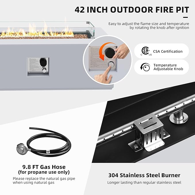 UPHA 42-inch Outdoor Propane Gas Fire Pit Table 50000 BTU Iron Rectangle Firepit for Outside Patio with Tank Hidden Table, Wind Guard, Removable Lid, Gold Glass Rocks, Rain Cover, White