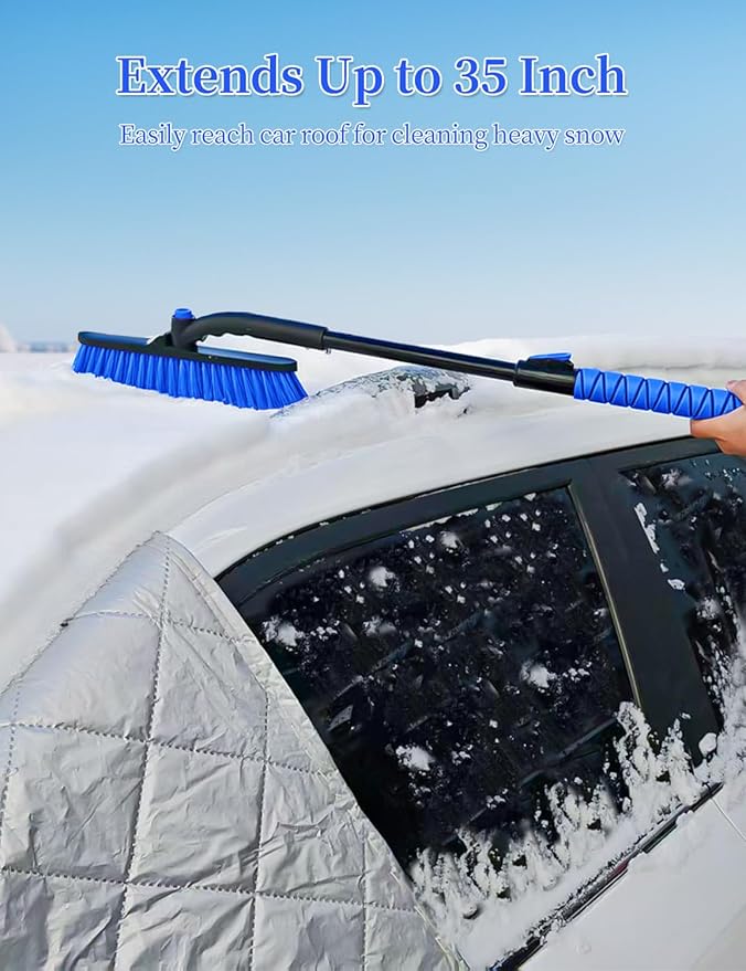 HEEYA Snow Brush for Car, Extendable Snow Brush and Ice Scraper with Foam Grip, Car Window Scraper for Snow and Ice for SUV Truck Auto Jeep RV Vehicle Windshield - Blue