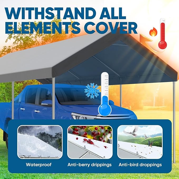 Quictent 10x20 ft Heavy Duty Carport Canopy Galvanized Car Tent Outdoor Garage Boat Shelter with Reinforced Structure, with Hanging Edge - Gray