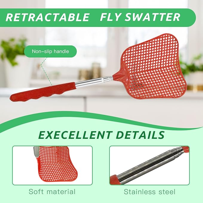 MYSTICHOME Fly Swatter 1 PCS, Durable Heavy Duty Plastic Fly Swatters, Stainless Steel Telescopic FlySwatter for Indoors/Outdoor/Kitchen/Garden (Red)