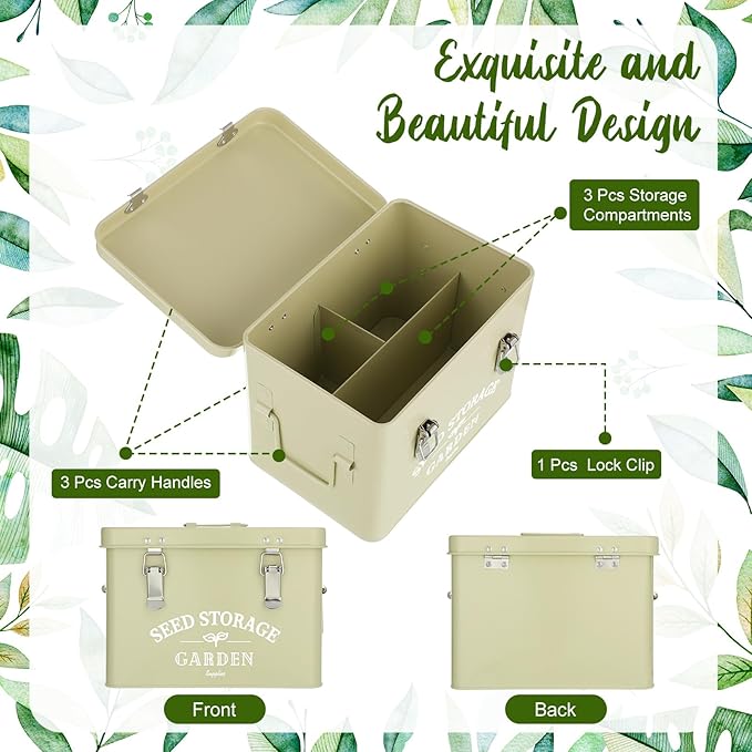 Maitys Seed Storage Container Box with Lid Garden Seed Packet Storage Organizer Decorative with Dividers and 100 Plant Labels 50 Seeding Envelopes 2 Marker Pens(Classic,8.7 x 5.9 x 6.3)