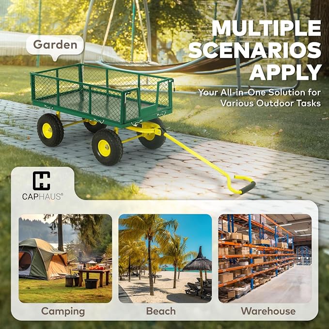 CAPHAUS Metal Black Garden Cart, w/ 180° Adjustable Yellow Handle, w/Mat and Strap, Heavy Duty 880 lbs Capacity, w/ 10” Flat-Free Tires, Sides Removable, Utility Wagon, Lawn Cart, for Garden, Yard