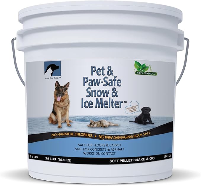 JUST FOR PETS Snow & Ice Melter Safe for Pets & Paws Contains No Toxic Chlorides or Painful to The Paw Rock Salt, Safe for Dogs & Cats. Fast Acting, Works On Contact 36 x 35lbs Buckets Pallet