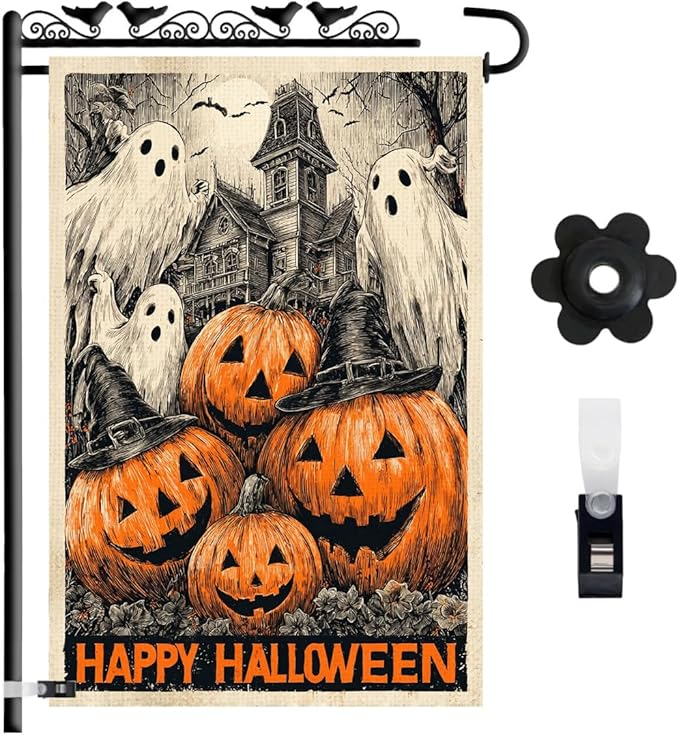 Halloween Garden Flag 12x18 Double Sided – Happy Halloween Flag for Outside, Spooky Ghosts, Pumpkins & Haunted House Yard Flag Decor for Fall Outdoor Display