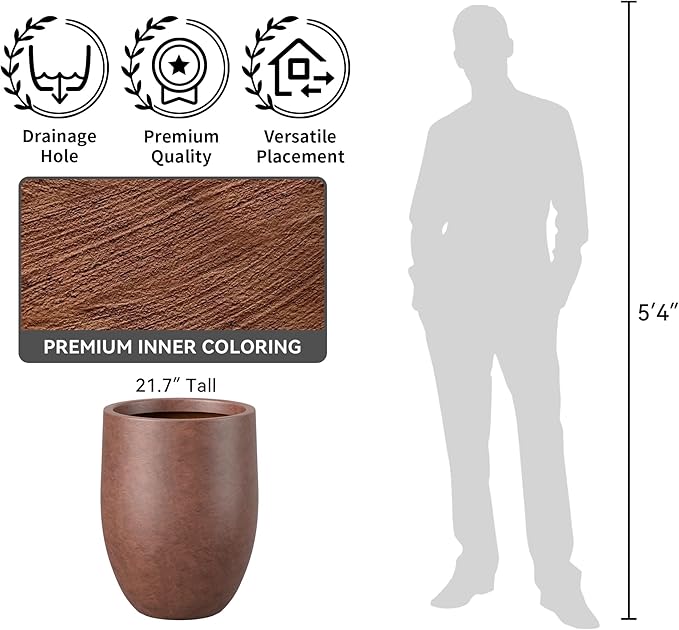 Kante 21.7 Inch Tall Concrete Planter, Large Indoor Outdoor Plant Pot with Drainage, Smooth Rusty Finish with Warm Brown Interior, Ideal for Porch, Home, Garden, Patio