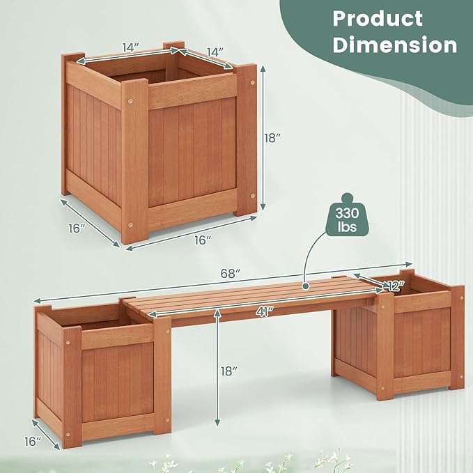 Giantex 2-in-1 Outdoor Bench with 2 Raised Garden Beds, Wood with Teak Oil Finish, Planter Boxes with Open-Ended Base, Garden Bench Seat for Porch Balcony Lawn Yard, DIY Assembly