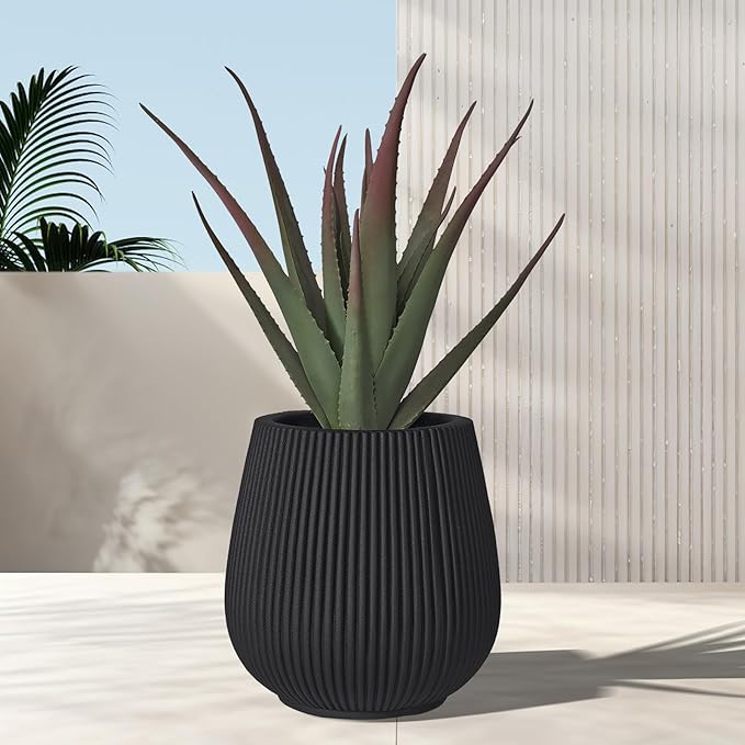 16 Inch Handmade Concrete Outdoor Planter - Classic Striped Design | Fiberglass & Composite Material | Durable for Commercial & Home Decor
