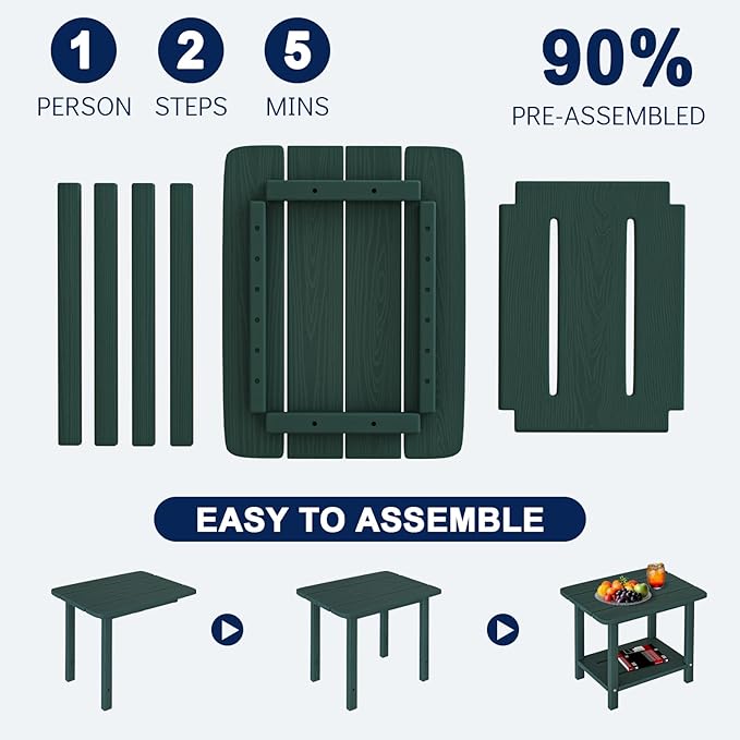 nevilywood Adirondack Square Side Table - 18.4" Large Panel HDPE Outdoor End Table - Weatherproof, Rustproof & Low Maintenance for Patio, Lawn, Pool, Indoor Use (Green)