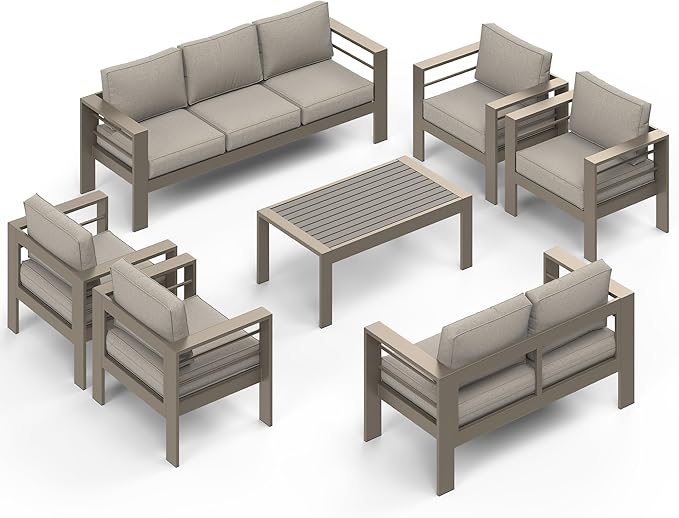 Wisteria Lane 7-Piece Outdoor Patio Furniture Set, Outdoor Sectional Furniture with Upgraded Cushions, Outdoor Conversation Seating Set for Balcony, Garden, Deck, Backyard, Khaki